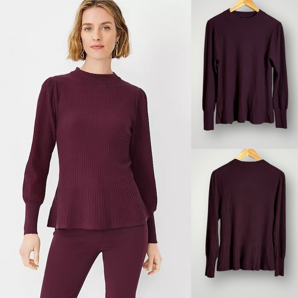 Ann Taylor Peplum Ribbed Sweater Womens Size Medium Long Sleeve Deep Plum NWT